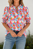 Women’s Blue Daisy Floral Print Smocked Half Sleeve V-Neck Top RKSJ403