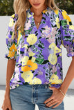 Damen Vintage Blumenmuster Freizeit Henley Baumwoll-Oberteil mit halbem Arm RSST211