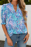 Women’s Blue Chevron Leaf Print Smocked Half Sleeve V-Neck Top RKSJ410