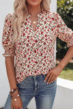 Women’s Beige Red Rose Print Smocked Half Sleeve V-Neck Top RKSJ414