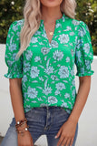 Women’s Green Floral Line Print Smocked Half Sleeve V-Neck Top RKSJ415