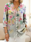 Damen Freizeit Rüschen Jeanshemd mit farbigem Aquarellblumen-Print RSDS2905