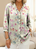 Damen Casual Rüschen-Jeanshemd mit buntem Blumenmuster RSDS2906