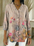 Chemise en jean décontractée à volants et imprimé floral pour femme RSDS2932