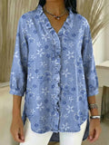 Chemise en jean décontractée à volants imprimé floral pour femme RSDS2936