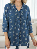 Chemise en Jean Décontractée à Volants et Imprimé Petite Fleur pour Femme RSDS2952