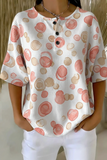 Damen rosa gepunktetes Waffelstrick-Oberteil mit Knopfdetail und kurzen Ärmeln RSHW1705