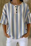 Damen Kurzarm-Top mit blauen Streifen, Knopfdetails und Waffelstrick RSHW1713