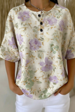 Damen Lavendelfarbenes Oberteil mit Blumenmuster, Knopfdetails und Waffelstrick, Kurzarm, RSHW1715