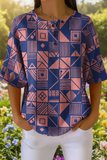 Damen Geometrisches Kunstmuster-Print Lässiges Waffel-Baumwollhemd RSHW3307
