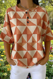Damen Retro Braun Dreieck Kunstmuster Druck Lässiges Waffel-Baumwollhemd RSHW3308