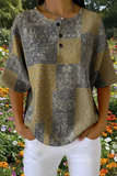 Damen Vintage Patchwork Kunstmuster Print Lässiges Waffel-Baumwollhemd RSHW3311
