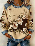 Women's Winter Retro Brown Floral Print Denim Patchwork Round Neck Sweatshirt
