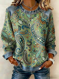 Women's Casual Retro Paisley Waffle Denim Sweatshirt