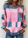 Women's Contrast Color Plaid Pattern Patchwork Art Sweatshirt