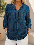 Women's Vintage Pattern Print Casual Ruffled Denim Shirt