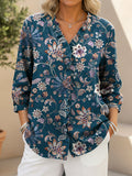 Women's Vintage Flowers Print Casual Ruffled Denim Shirt