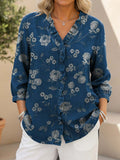 Women's Vintage Flower Print Casual Ruffled Denim Shirt