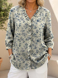 Women's Vintage Flower Pattern Print Casual Ruffled Denim Shirt