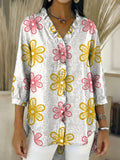 Chemise en jean à volants et col en V pour femme avec motif floral rétro dégradé RYDS1210