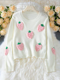 Women's Cute Strawberry Pink Cropped Crew Neck Knit Sweater Long Sleeve Pullover for Autumn Winter