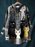 Women's Multiple Black and Gray Cats Print Casual Cotton And Linen Shirt