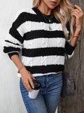 Women's Fashion Casual Versatile Striped Color Block Cable Knit Crew Neck Pullover Long Sleeve Loose Sweater
