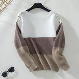 Women's Long Sleeve Crew Neck Color Block Knit Pullover Sweater for Autumn Winter