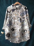 Funny Cat Art Print Casual Cotton And Linen Shirt