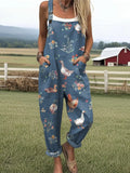 Women's Farm Animal Print Casual Cotton Linen Wide Leg Jumpsuit