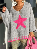 Women's Oversized Star Drop Shoulder Crochet Sweater Loose Pullover Knit for Autumn Winter