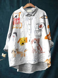 Women's Stick Figure Puppy Print Casual Cotton And Linen Shirt