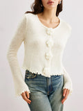 Cardigan for Women 3D Flower Ruffle Slim Fit Long Sleeve Crew Neck Fall Knit Sweater
