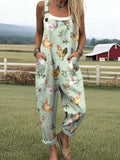Women's Farm Chicken And Floral Pattern Casual Cotton Linen Wide Leg Jumpsuit