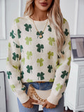Women's Clover Graphic Crew Neck Knit Sweater Long Sleeve Cute Loose Ribbed Pullover for Autumn Winter