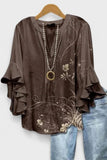 Women's Brown Floral Casual V-Neck 3/4 Sleeve Blouse CY05135