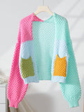 Women's Long Sleeve Color Block Chunky Cable Knitted Oversized Sweater Cardigans for Women