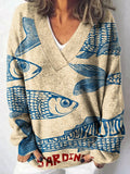 Vintage Fish Sardines Art Print Knit V-neck Pullover Sweater