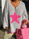 Women's Oversized Star Drop Shoulder Crochet Sweater Loose Pullover Knit for Autumn Winter