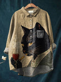 Cute Animal Cats Smoke And Drink Red Wine Vintage Art Print Casual Cotton And Linen Shirt