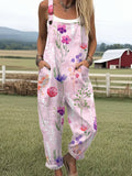 Women's Vintage Flower Art Print Casual Cotton Linen Wide Leg Jumpsuit