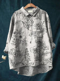Line Drawing Floral Decorative Pattern Casual Cotton And Linen Shirt