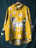 Simple Cartoon Spotted Dog With Daisy Print Cotton And Linen Shirt