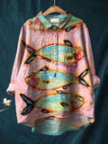 Women's Vintage Fish Art Print Casual Cotton And Linen Shirt