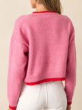 Women's Cute Strawberry Pink Cropped Crew Neck Knit Sweater Long Sleeve Pullover for Autumn Winter