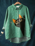 Women's Question Mark Kitten Print Casual Cotton And Linen Shirt