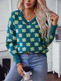 Women's V Neck Daisy Flower Print Sweaters Long Sleeve Color Block Fall Sweater Loose Warm Knit Pullover Tops