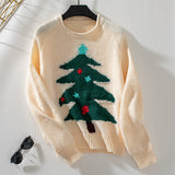 Women's Round Neck Long Sleeve Pullover Sweater with Christmas Tree Pattern for Autumn Winter