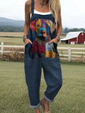 Women's Funny Dog Art Print Casual Cotton Linen Wide Leg Jumpsuit