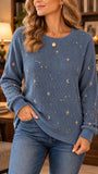 Women's Dusty Blue Moon and Stars Art Print Casual Waffle Sweatshirt RSCS2610